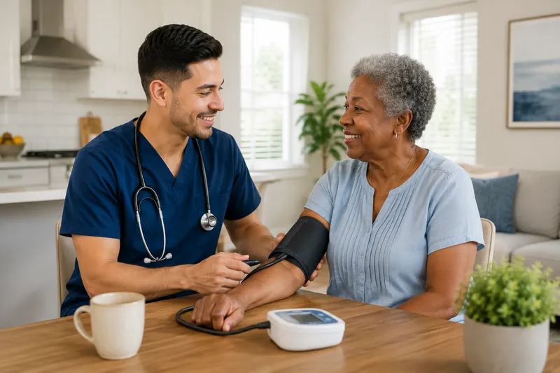 A caregiver checks blood pressure for a smiling senior client at her kitchen table.